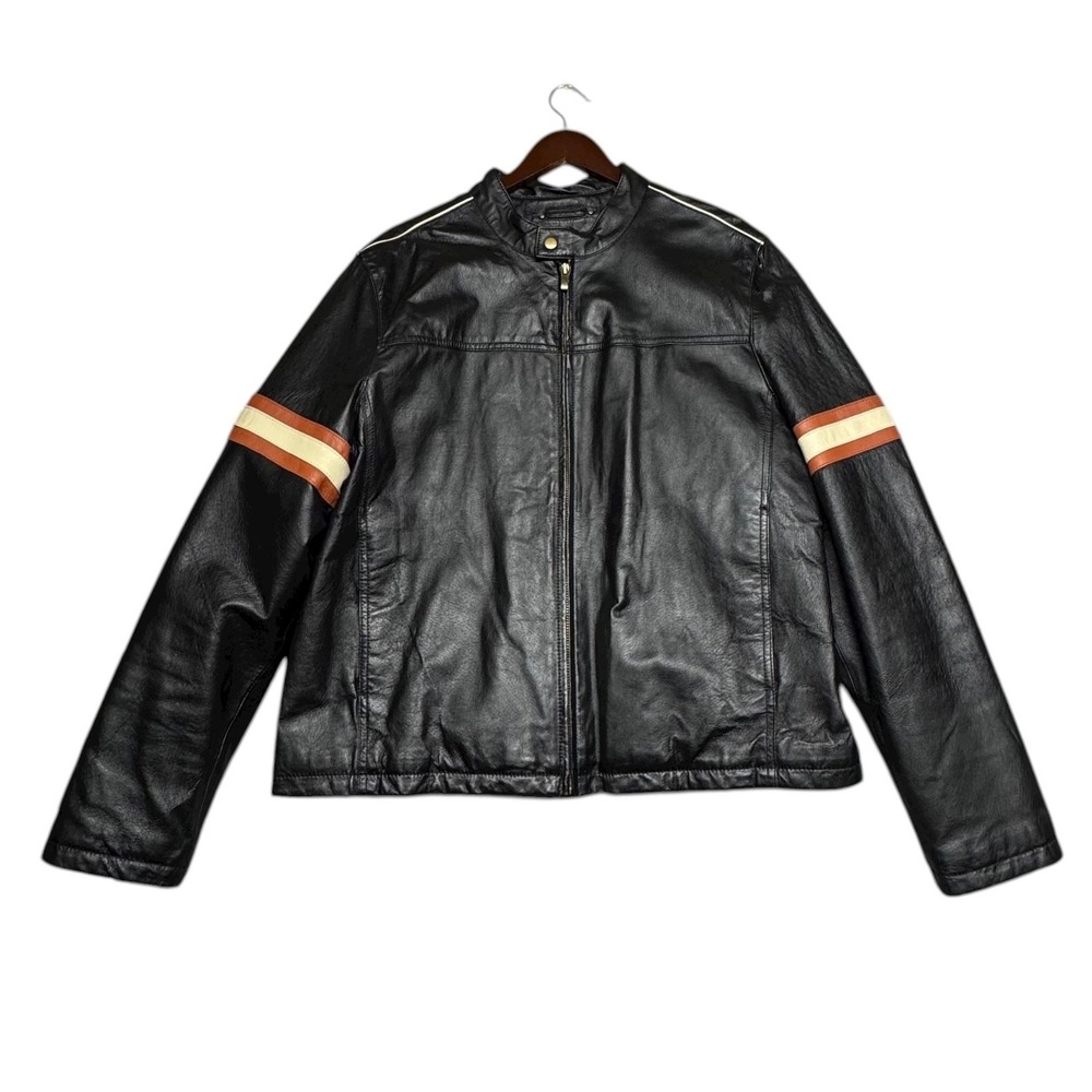 Y2K Street Legal Men's Leather Moto Jacket Black Sz XL Full Zip Biker Arm Stripe
